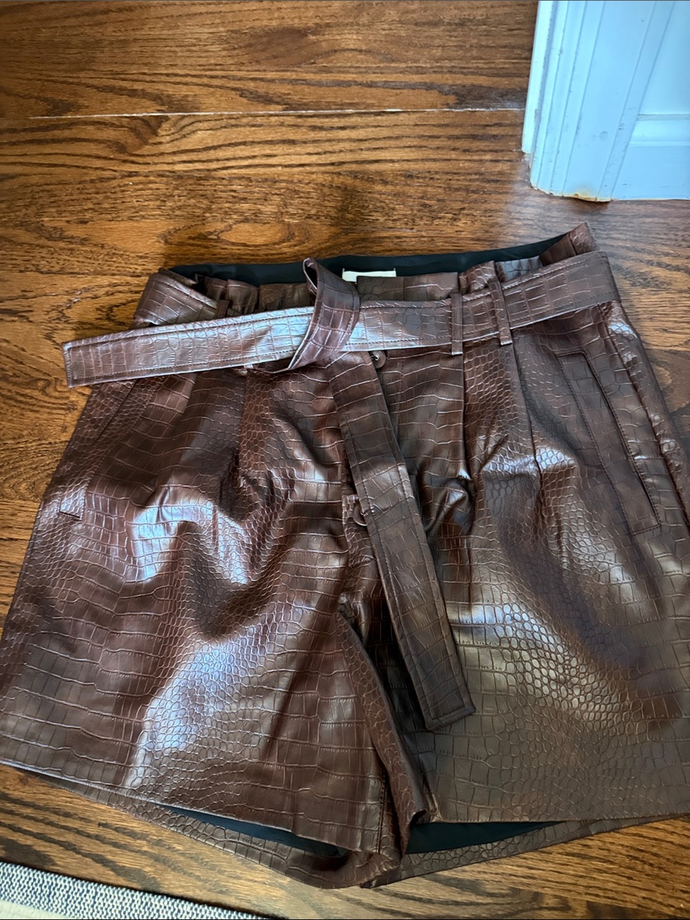 Molly Bracken Brown Faux-Croc Leather Men’s Shorts with Belt